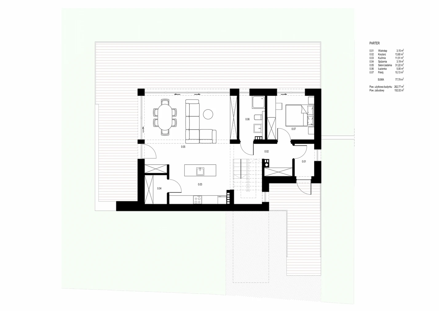 Rzut parteru w projekcie domu na stoku