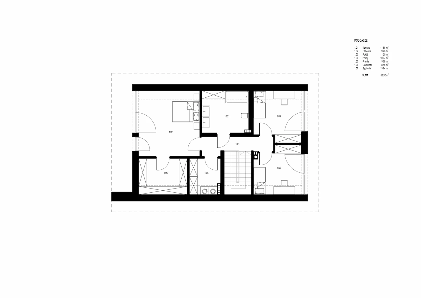 Rzut piętra w projekcie domu na stoku
